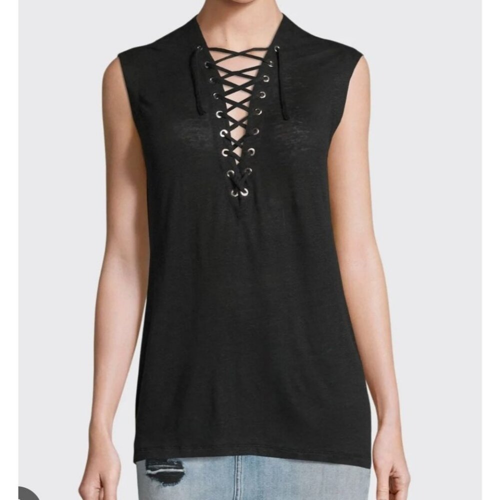 IRO Tissa top Womens XS black‎ slub knit linen Lace up Bike Grunge Punk Emo Goth